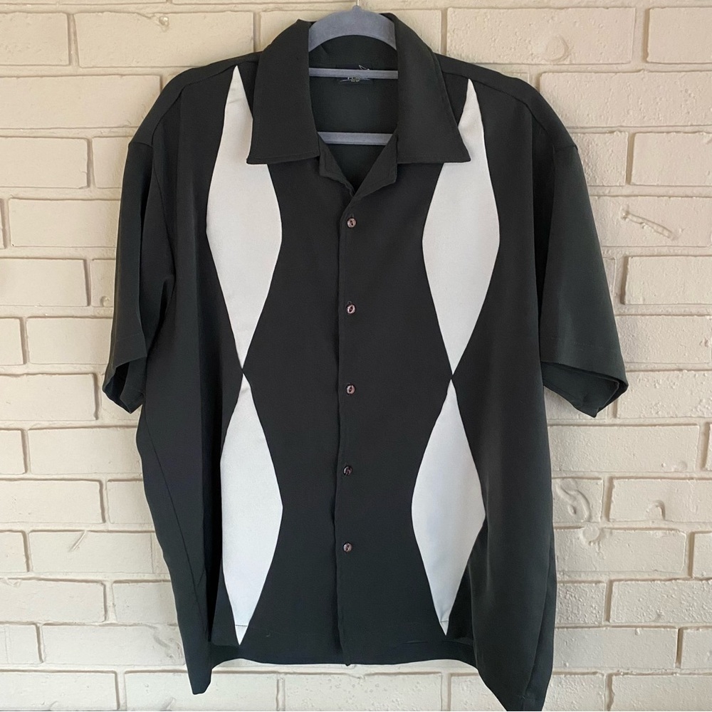 Steady Classics Bowling Shirt Retro Green Diamond Print Casual Lounge Large L
